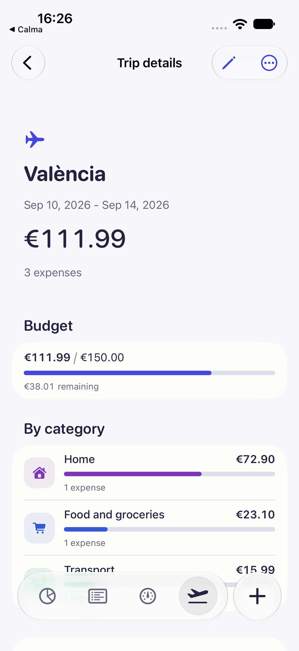 Cèntim trip detail grouping expenses by dates and category